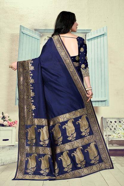 Vedant Vastram Litchi Silk Designer Banarasi Saree - Navy Blue