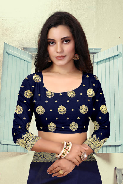 Vedant Vastram Litchi Silk Designer Banarasi Saree - Navy Blue