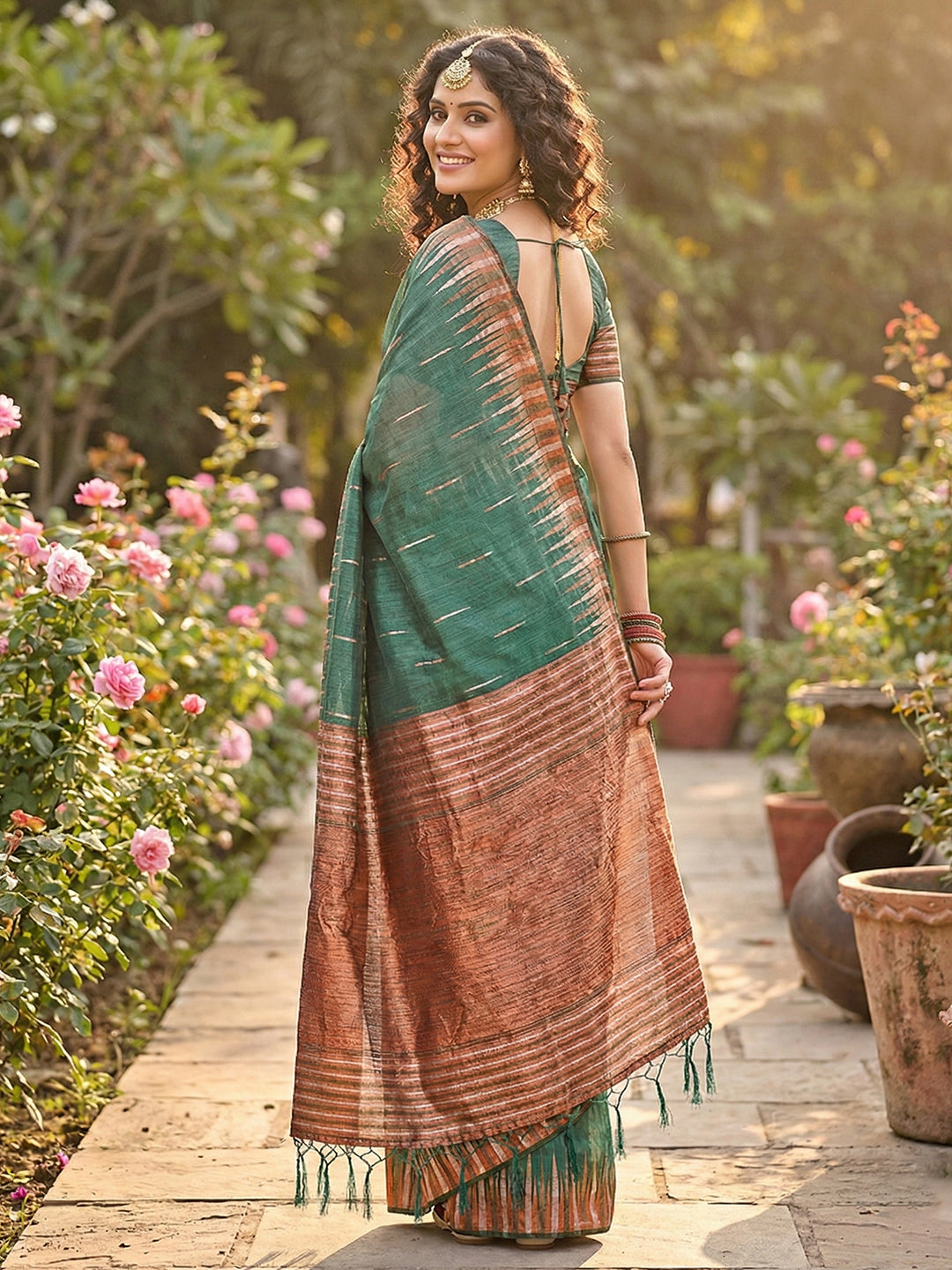 Anaita Mehendi Linen Woven Work Saree With Blouse