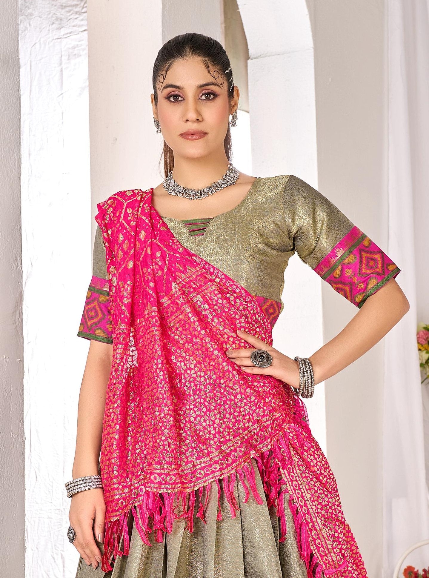 Anaita Mehndi Weaving Work Silk Lehenga Choli