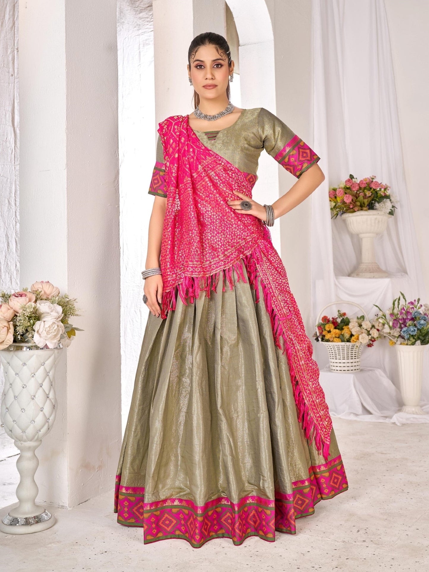 Anaita Mehndi Weaving Work Silk Lehenga Choli