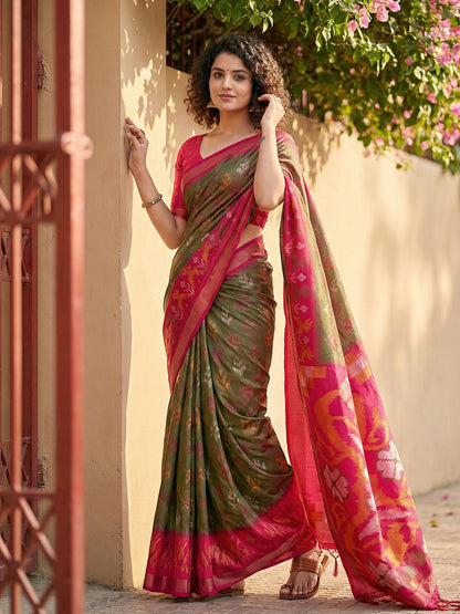 Anaita Mehendi Pochampally Printed Saree With Blouse