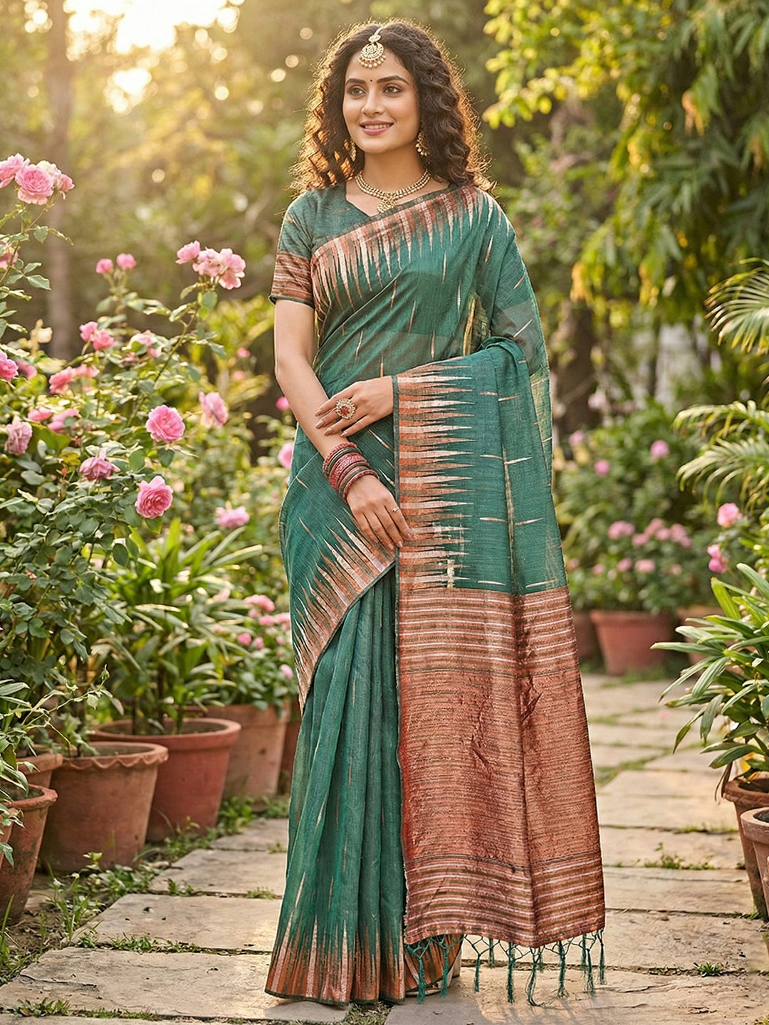 Anaita Mehendi Linen Woven Work Saree With Blouse