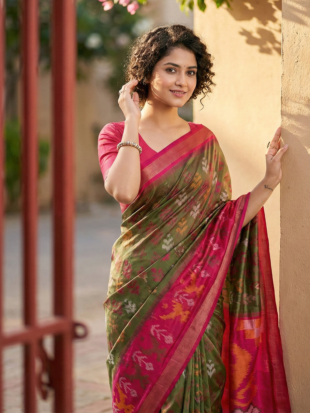 Anaita Mehendi Pochampally Printed Saree With Blouse