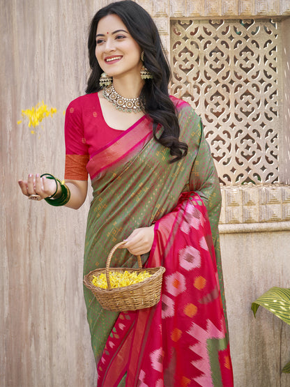 Anaita Mehndi Pochampally Silk Saree With Floral Printed Work With Blouse