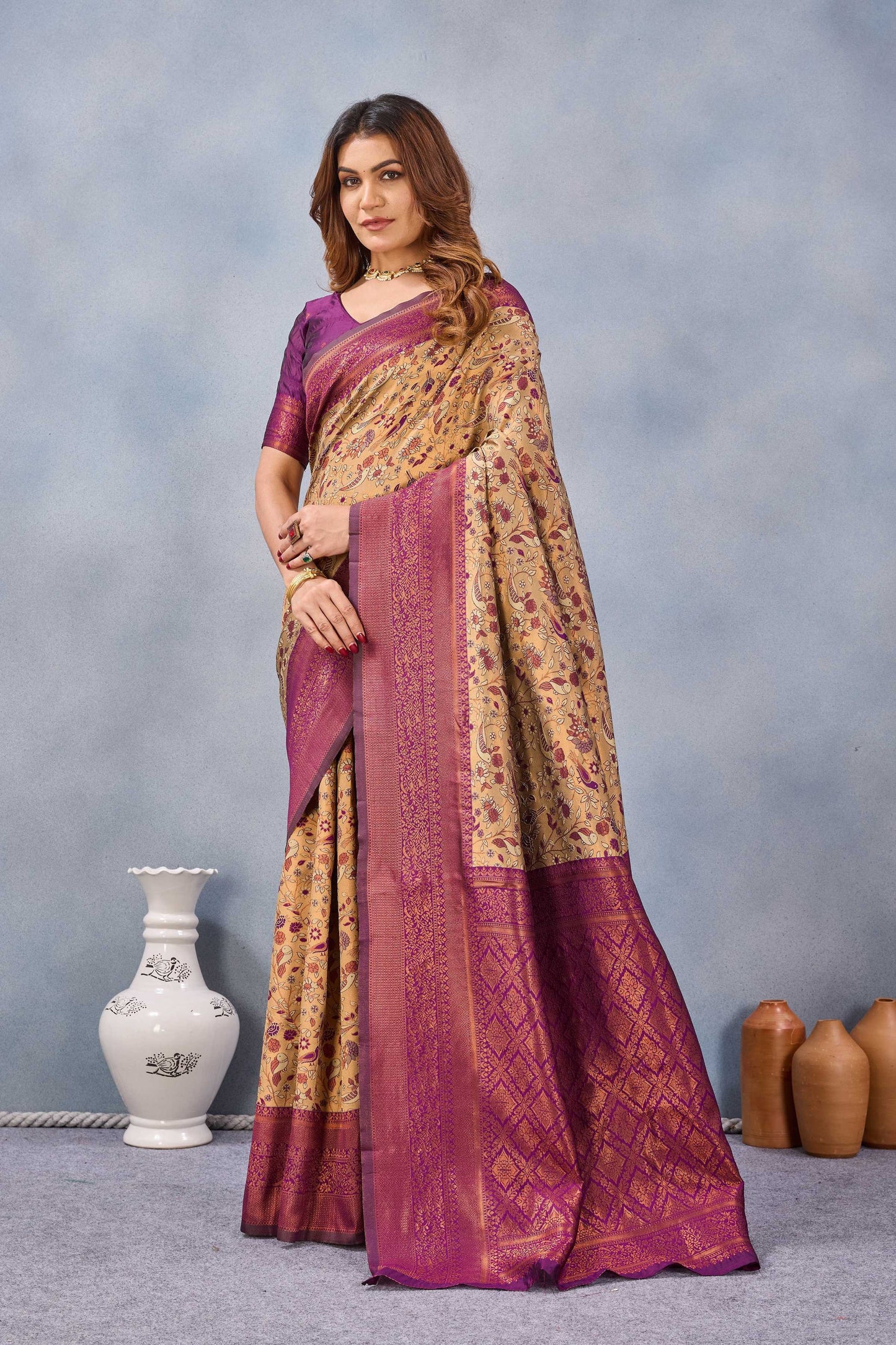 Divine International Trading Co Beige Wine Soft Silk Blend Banarasi Jacuard Work Designer Party Wear Saree With Unstitched Blouse Piece