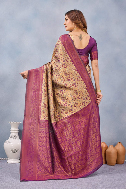 Divine International Trading Co Beige Wine Soft Silk Blend Banarasi Jacuard Work Designer Party Wear Saree With Unstitched Blouse Piece