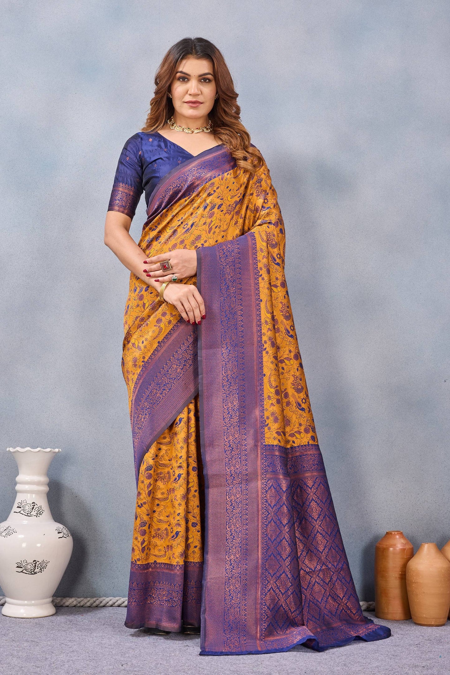 Divine International Trading Co Mustard Blue Soft Silk Blend Banarasi Jacuard Work Designer Party Wear Saree With Unstitched Blouse Piece