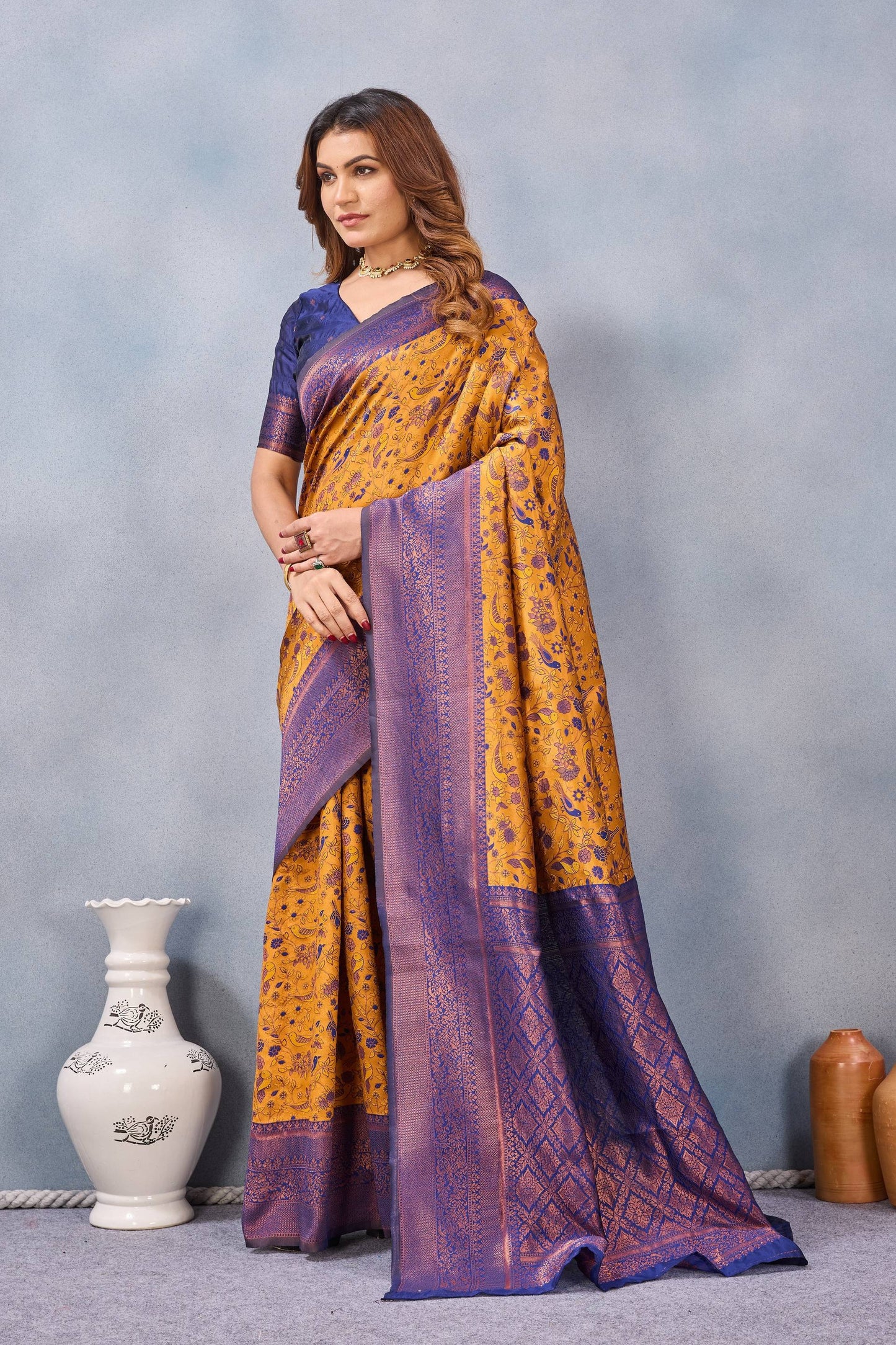 Divine International Trading Co Mustard Blue Soft Silk Blend Banarasi Jacuard Work Designer Party Wear Saree With Unstitched Blouse Piece