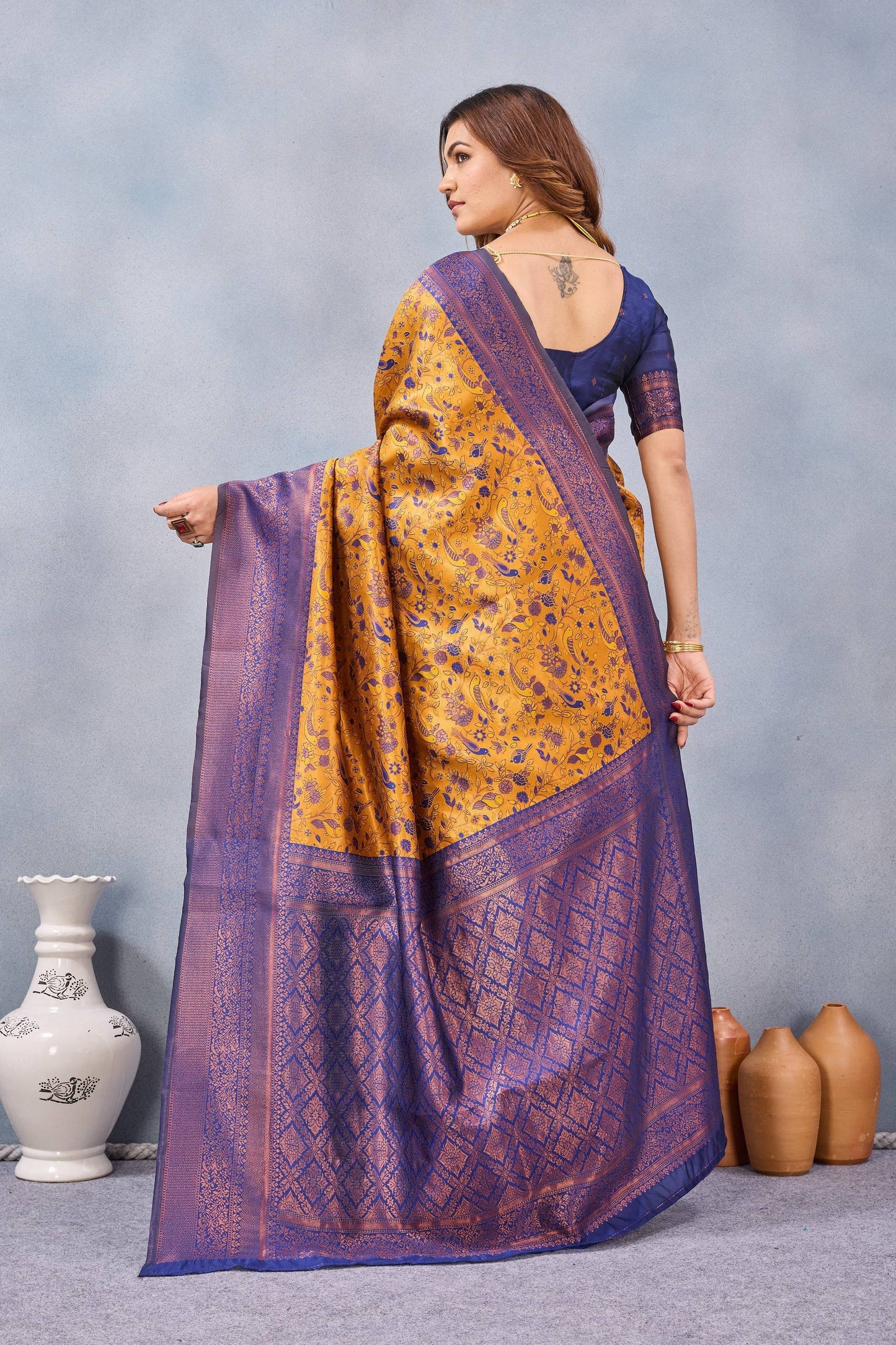 Divine International Trading Co Mustard Blue Soft Silk Blend Banarasi Jacuard Work Designer Party Wear Saree With Unstitched Blouse Piece