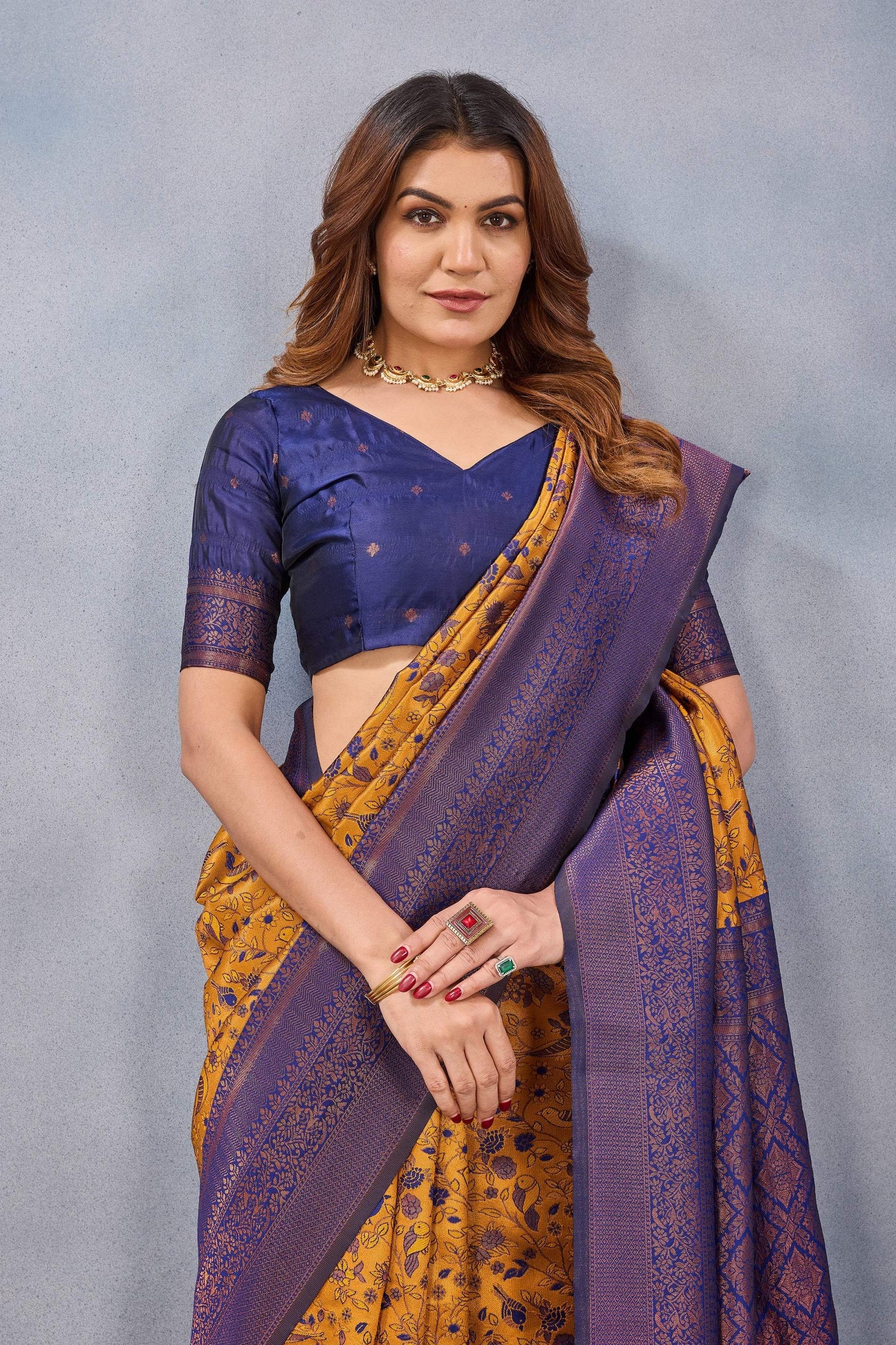 Divine International Trading Co Mustard Blue Soft Silk Blend Banarasi Jacuard Work Designer Party Wear Saree With Unstitched Blouse Piece