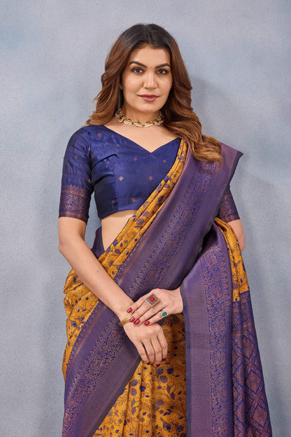 Divine International Trading Co Mustard Blue Soft Silk Blend Banarasi Jacuard Work Designer Party Wear Saree With Unstitched Blouse Piece