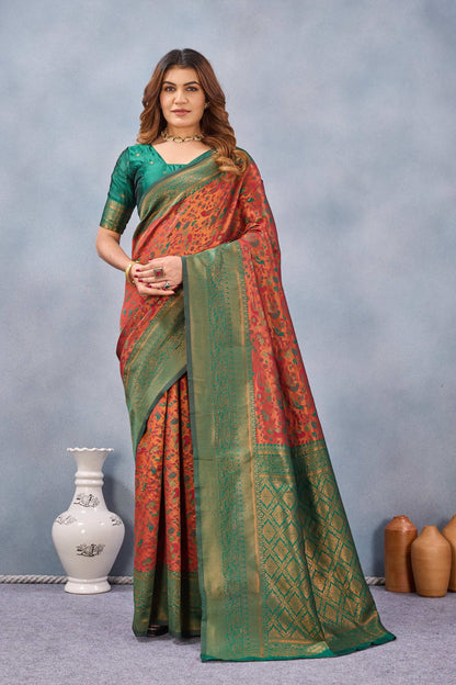 Divine International Trading Co Orange Green Soft Silk Blend Banarasi Jacuard Work Designer Party Wear Saree With Unstitched Blouse Piece