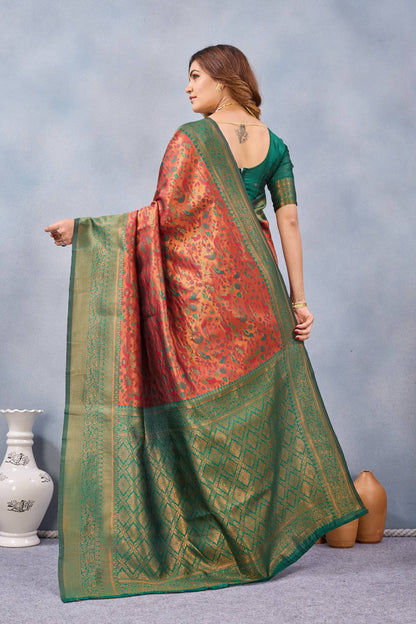 Divine International Trading Co Orange Green Soft Silk Blend Banarasi Jacuard Work Designer Party Wear Saree With Unstitched Blouse Piece
