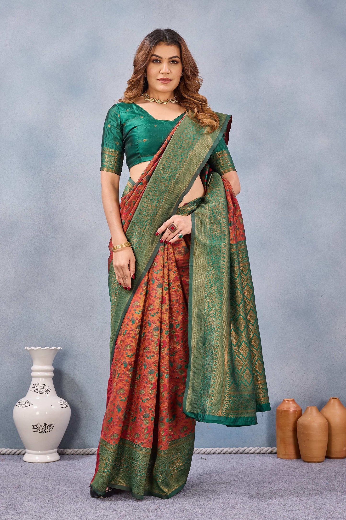 Divine International Trading Co Orange Green Soft Silk Blend Banarasi Jacuard Work Designer Party Wear Saree With Unstitched Blouse Piece