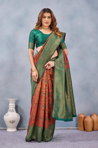 Divine International Trading Co Orange Green Soft Silk Blend Banarasi Jacuard Work Designer Party Wear Saree With Unstitched Blouse Piece