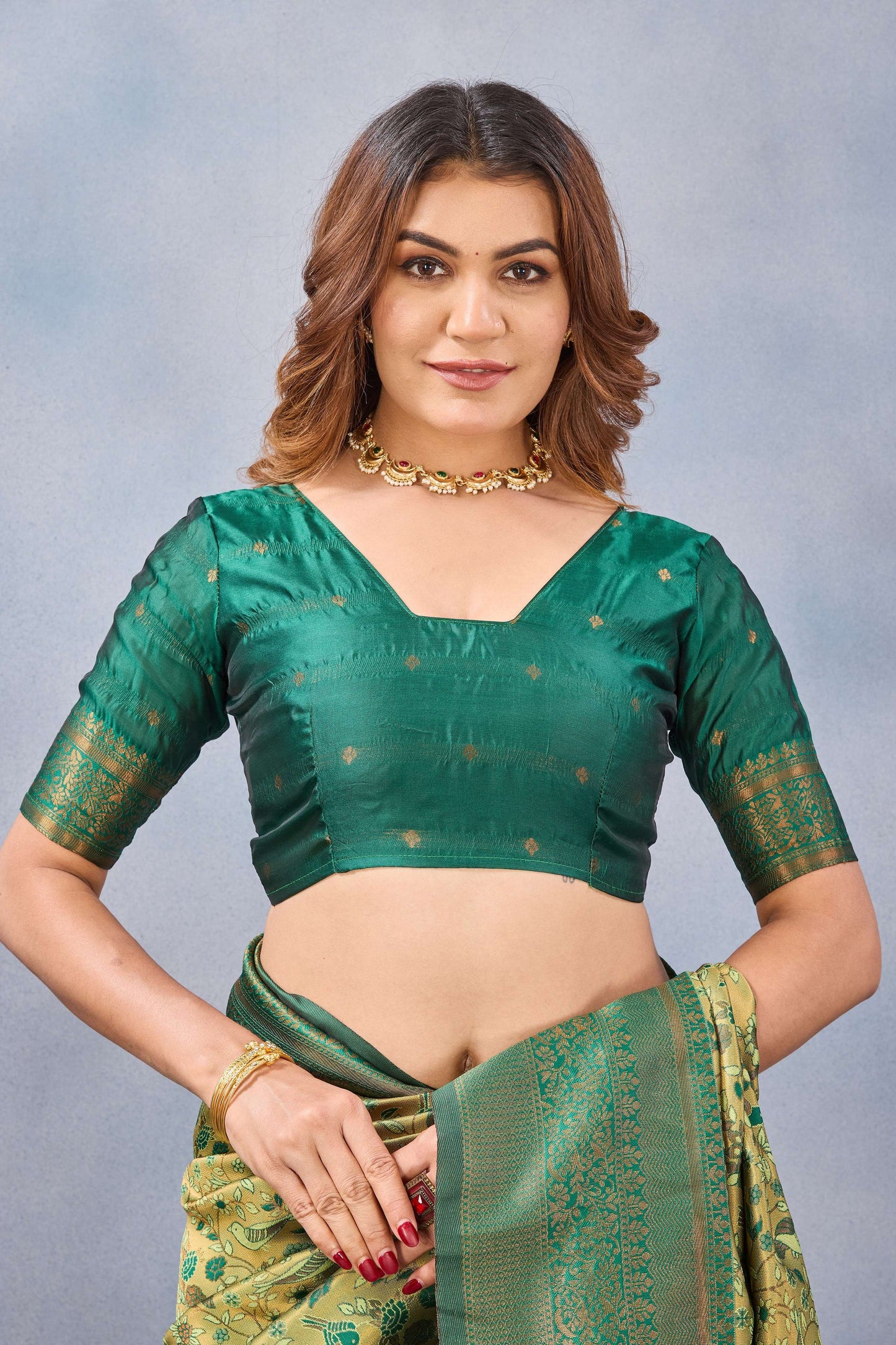 Divine International Trading Co Parrot Green Soft Silk Blend Banarasi Jacuard Work Designer Party Wear Saree With Unstitched Blouse Piece