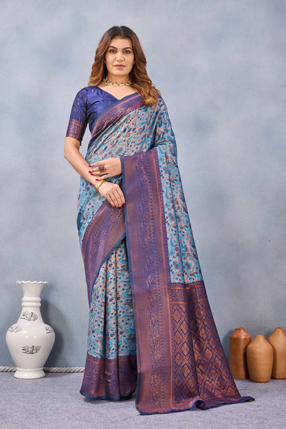 Divine International Trading Co Turquoise Soft Silk Blend Banarasi Jacuard Work Designer Party Wear Saree With Unstitched Blouse Piece