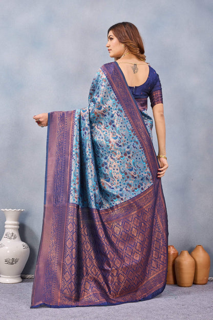 Divine International Trading Co Turquoise Soft Silk Blend Banarasi Jacuard Work Designer Party Wear Saree With Unstitched Blouse Piece