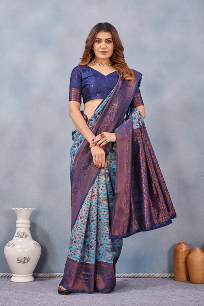 Divine International Trading Co Turquoise Soft Silk Blend Banarasi Jacuard Work Designer Party Wear Saree With Unstitched Blouse Piece