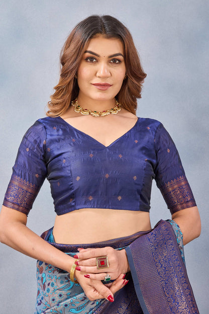 Divine International Trading Co Turquoise Soft Silk Blend Banarasi Jacuard Work Designer Party Wear Saree With Unstitched Blouse Piece
