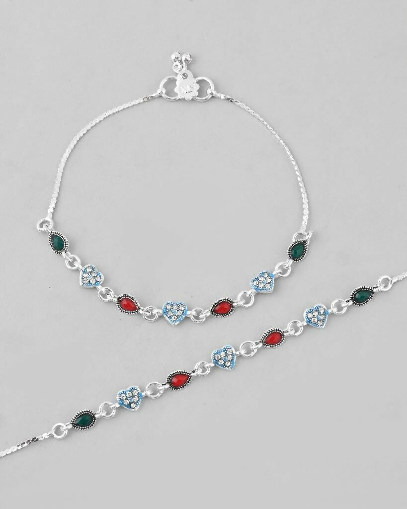VOJ Set of 2 Silver Plated Heart Shaped Stone Studded Anklet