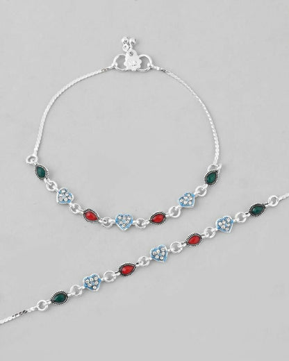 VOJ Set of 2 Silver Plated Heart Shaped Stone Studded Anklet