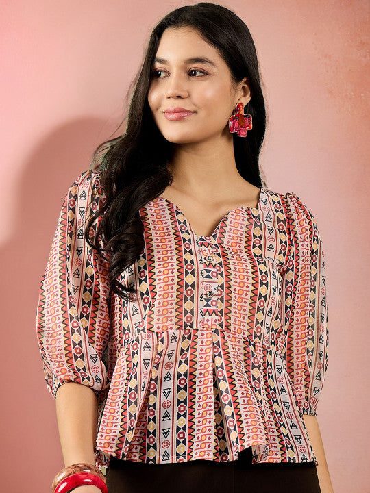 Sangria Printed Puffed Sleeves Peplum Top