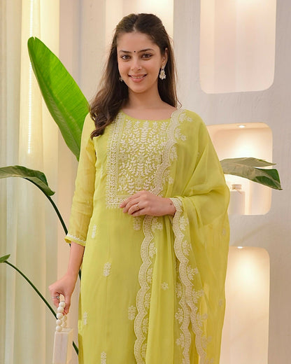 The52 Lemons Women's Beautiful Chikankari Work Chanderi Fabric Straight Kurta Pant and Dupatta Set