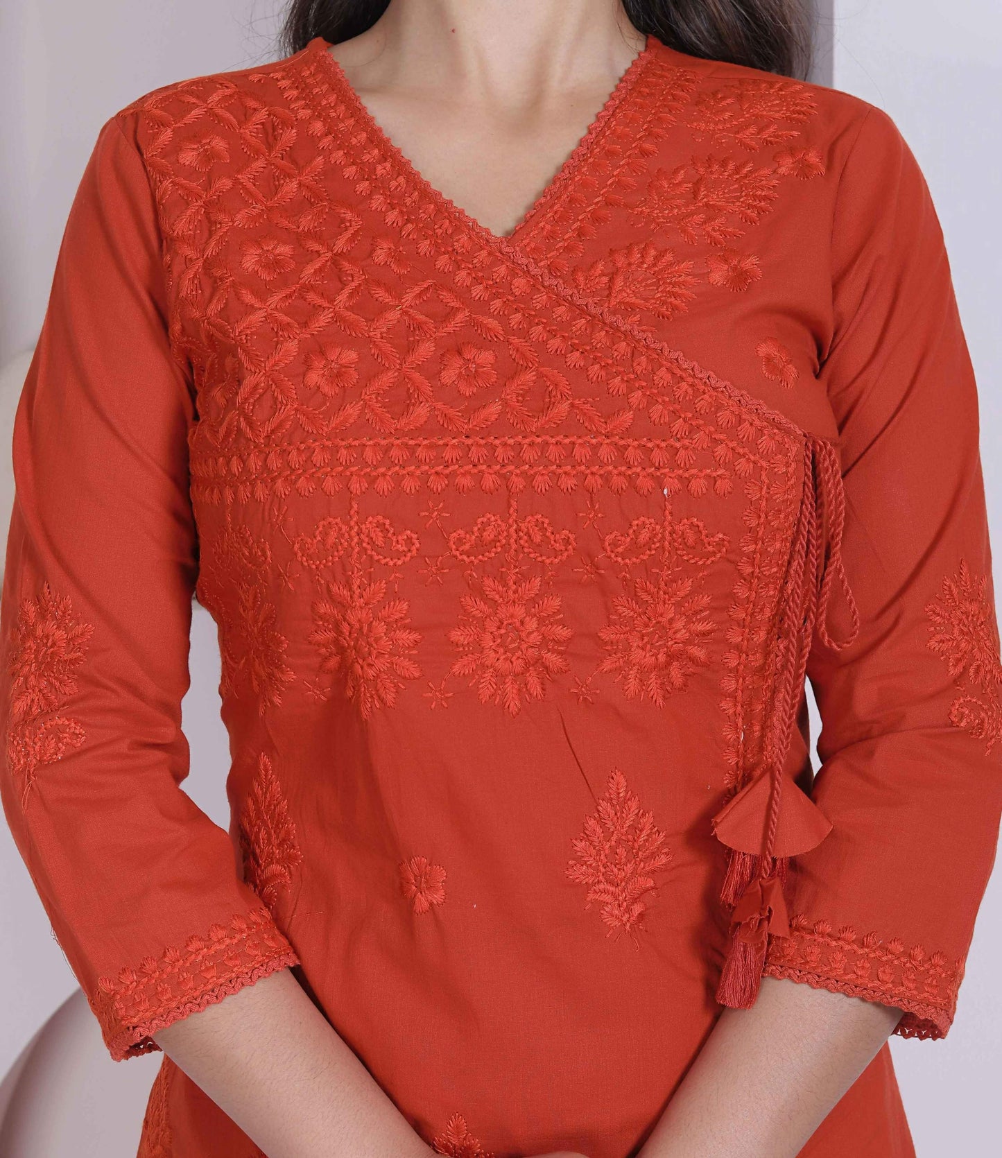 Miravan Womens Rust Floral Printed Angrakha Style Kurta With Palazzo