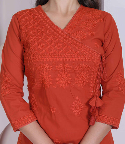 Miravan Womens Rust Floral Printed Angrakha Style Kurta With Palazzo