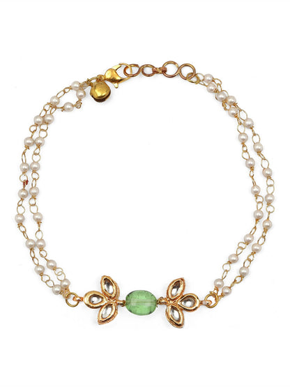 Gold-Polished Green White Kundan Beads Anklet Set Of 2 - Ruby Raang