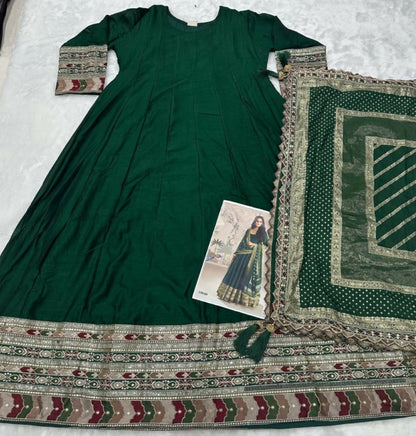 Anaita Dark Green Vichitra Silk Anarkali Suit with Embroidery Sequins