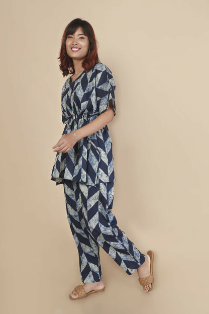 Breathables Women’S Loungewear Kaftan Cotton Blue Geometric Print Co-Ord Set