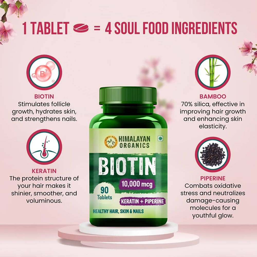 Himalayan Organics Biotin 10000 Mcg with Keratin + Piperine Tablets - 90 Tabs
