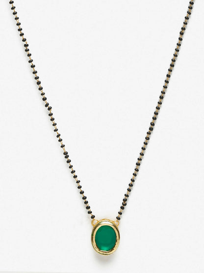 Gold-Polished Black Beaded Green Kundan Studded Handcrafted Mangalsutra - Ruby Raang