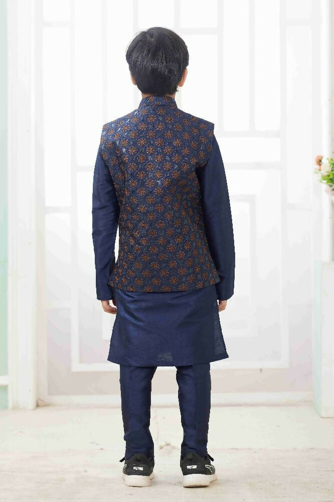 Raivat Ethnic Art Silk Embroidery Work 3 Pics Jacket Set In Navy Blue Colour