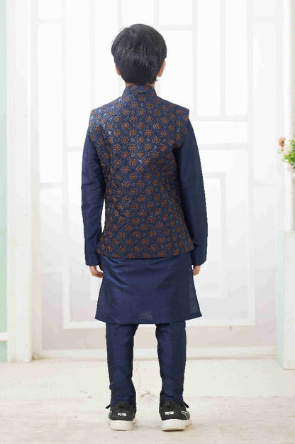 Raivat Ethnic Art Silk Embroidery Work 3 Pics Jacket Set In Navy Blue Colour