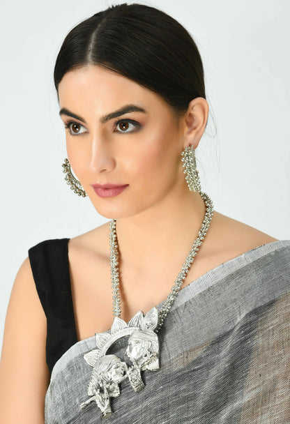 Mominos Fashion Johar Kamal Oxidised Silver-Plated Brass Finish Radha Kishan Long Necklace For Women (Silver)