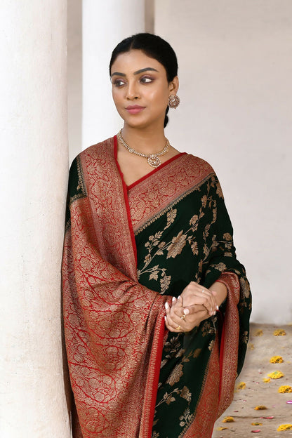 Joban Fashion Green Crepe Chiffon Pure Handloom Banarasi Silk Saree