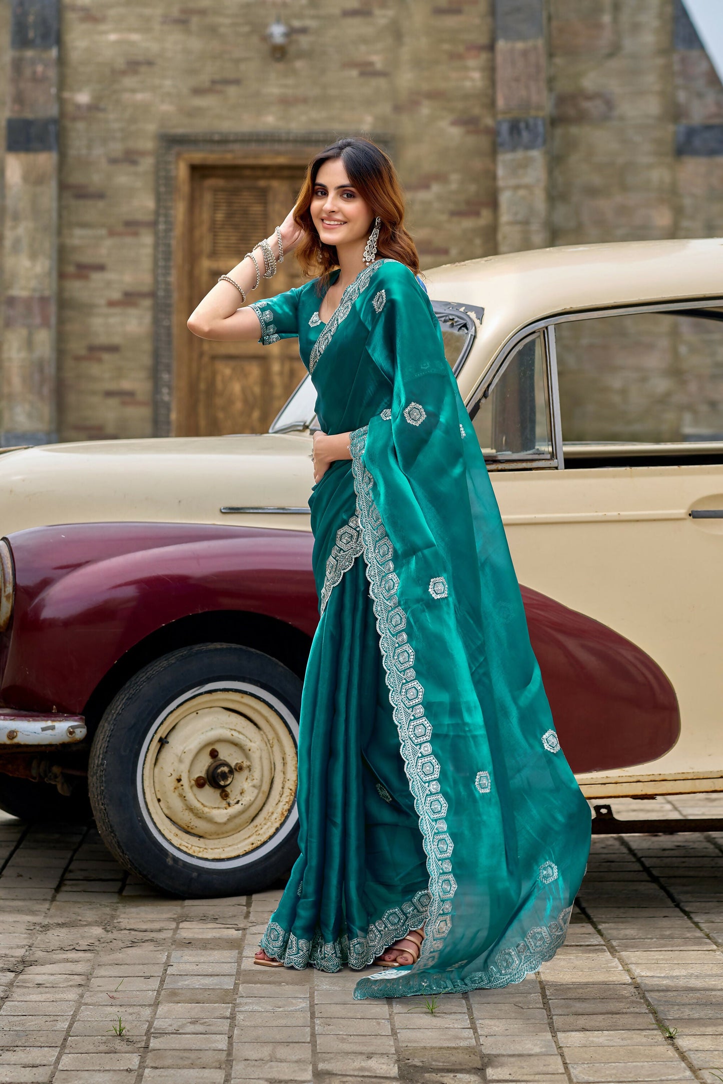 Vastranavya Rama Embroidery Work Shimmer Chiffon Saree with Unstitched Blouse