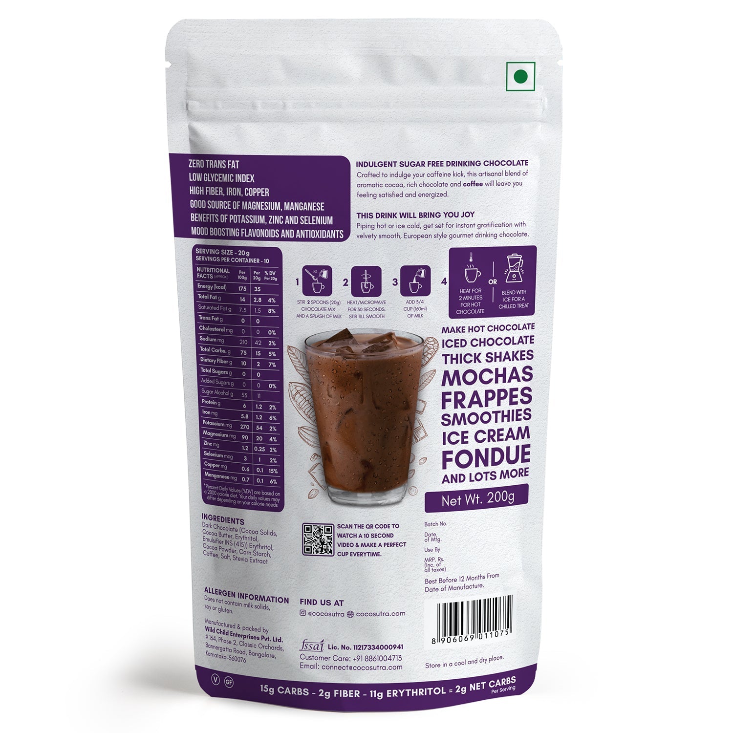 Cocosutra Sugar Free Drinking Chocolate Mix - Mocha - 200 gms
