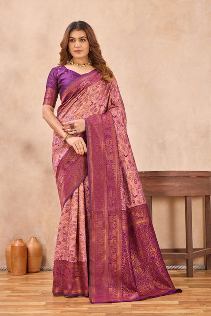 Divine International Trading Co Light Pink Soft Silk Blend Banarasi Jacuard Work Designer Party Wear Saree With Unstitched Blouse Piece