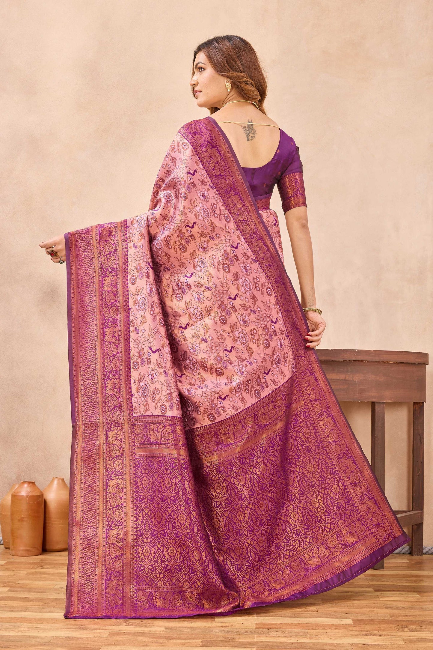 Divine International Trading Co Light Pink Soft Silk Blend Banarasi Jacuard Work Designer Party Wear Saree With Unstitched Blouse Piece