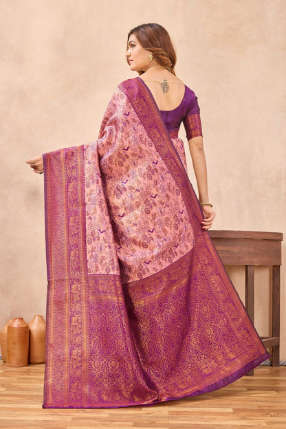 Divine International Trading Co Light Pink Soft Silk Blend Banarasi Jacuard Work Designer Party Wear Saree With Unstitched Blouse Piece