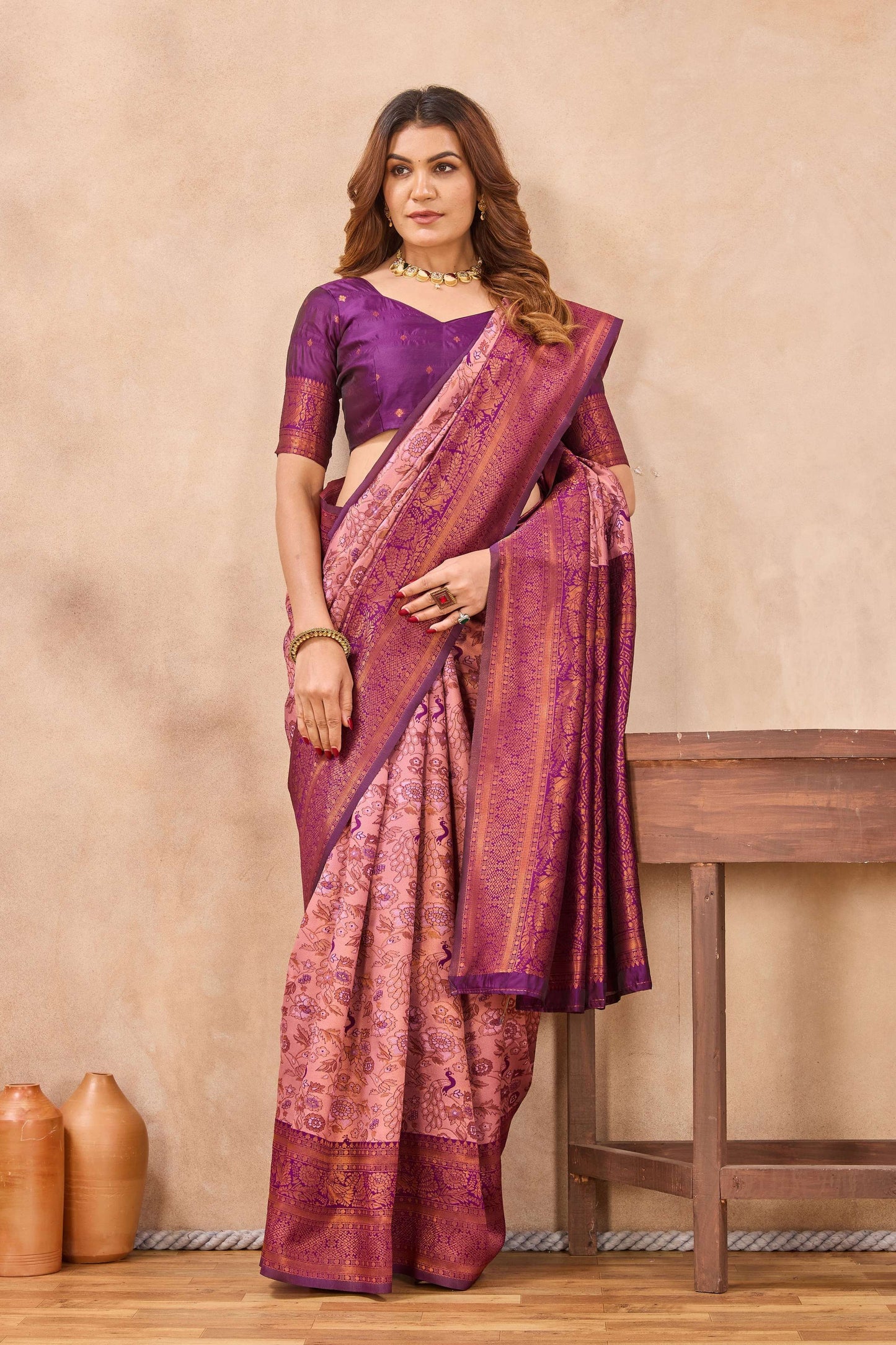 Divine International Trading Co Light Pink Soft Silk Blend Banarasi Jacuard Work Designer Party Wear Saree With Unstitched Blouse Piece