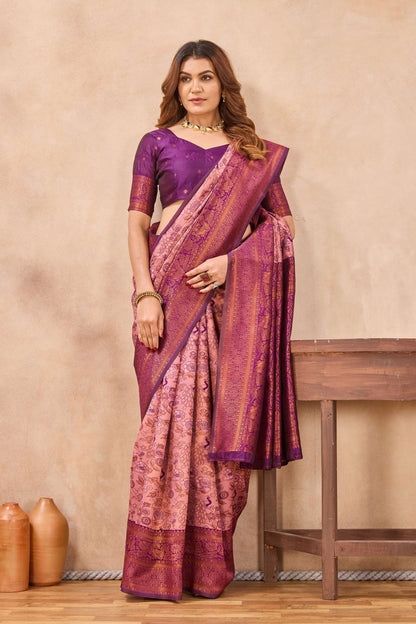 Divine International Trading Co Light Pink Soft Silk Blend Banarasi Jacuard Work Designer Party Wear Saree With Unstitched Blouse Piece