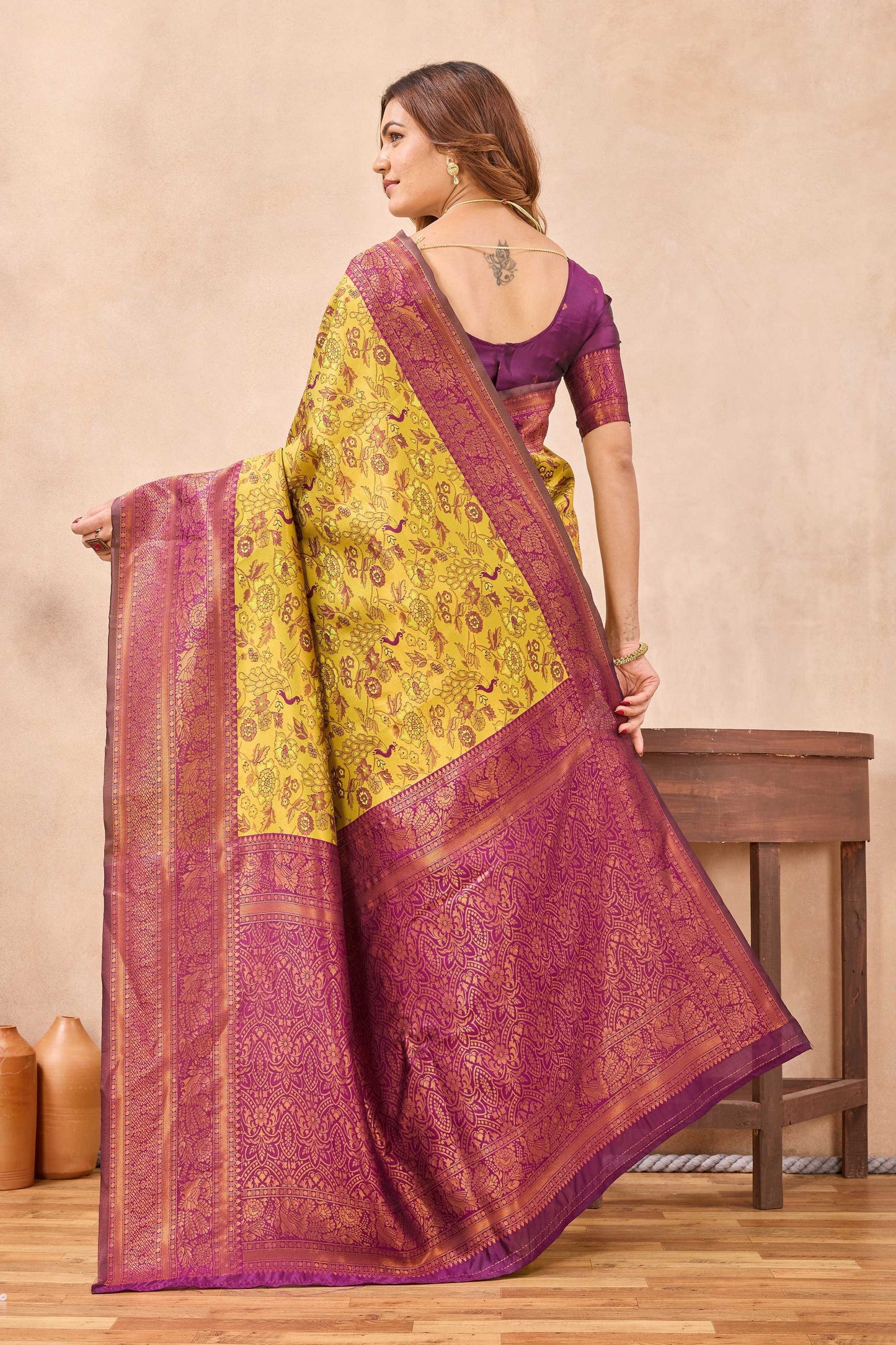 Divine International Trading Co Mustard Wine Soft Silk Blend Banarasi Jacuard Work Designer Party Wear Saree With Unstitched Blouse Piece