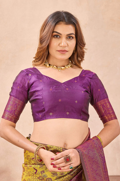 Divine International Trading Co Mustard Wine Soft Silk Blend Banarasi Jacuard Work Designer Party Wear Saree With Unstitched Blouse Piece