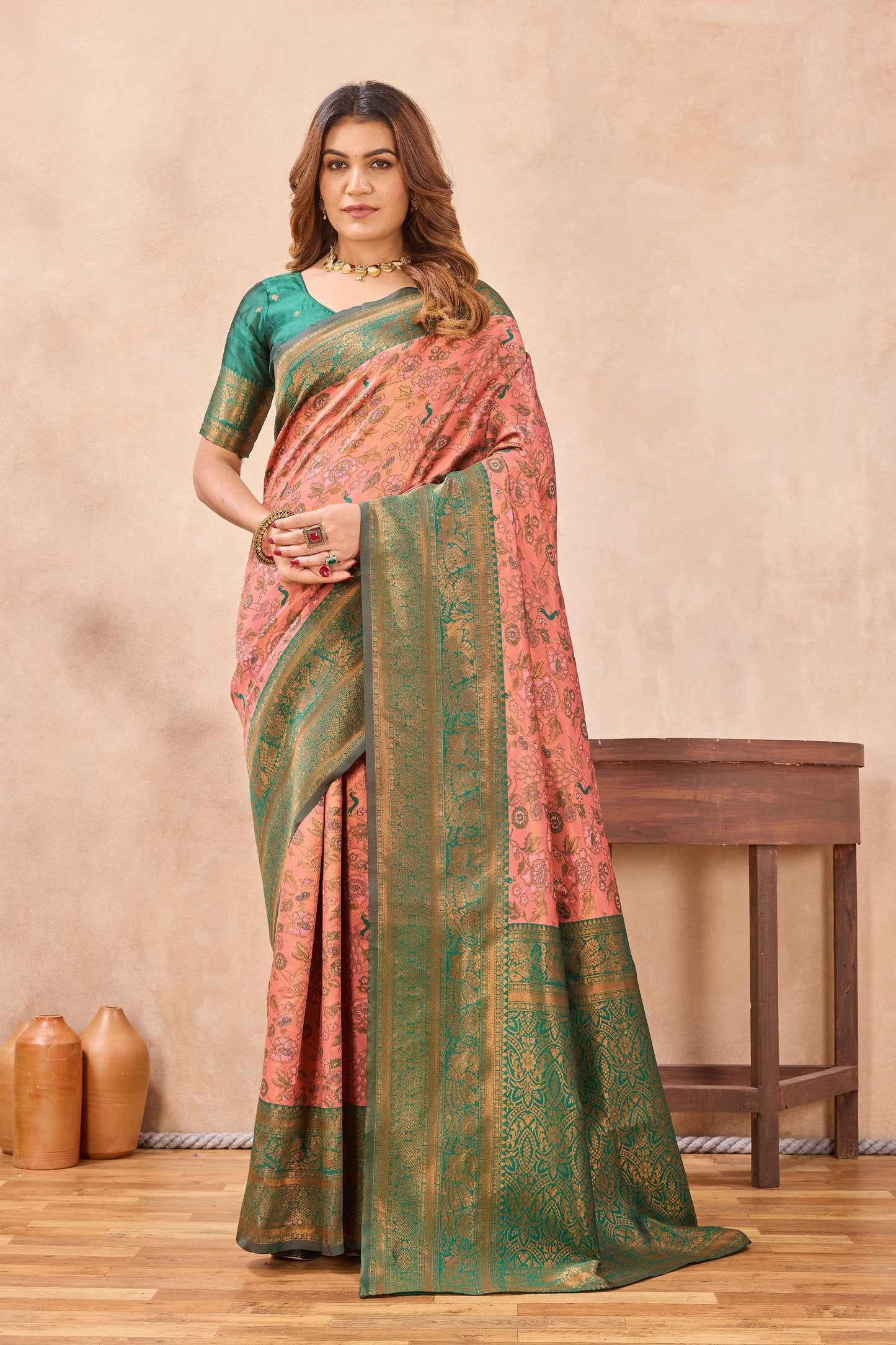 Divine International Trading Co Peach Green Soft Silk Blend Banarasi Jacuard Work Designer Party Wear Saree With Unstitched Blouse Piece